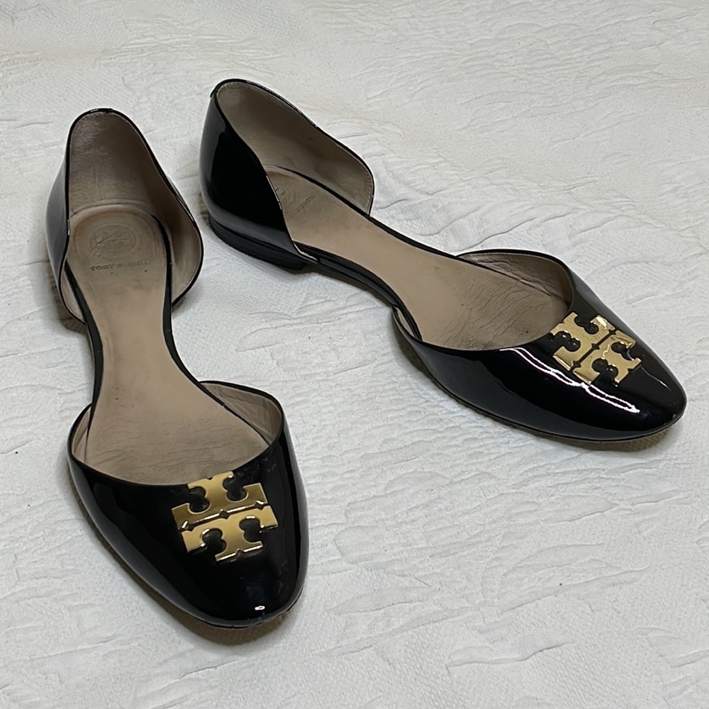 Tory Burch D'orsay Raleigh Black and Gold Patent Leather Flats Size 10.5